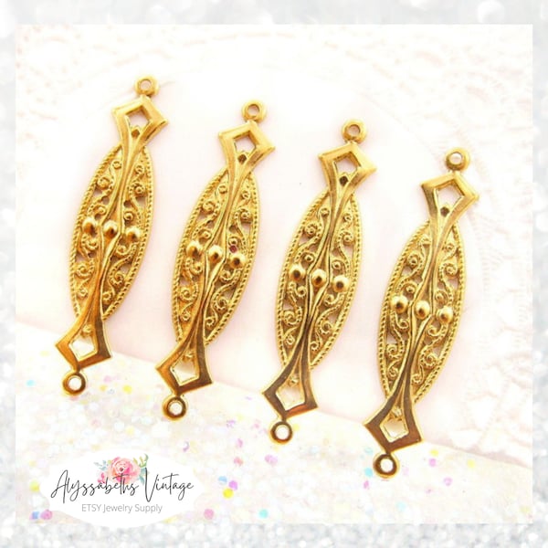 Ornate Art Deco Filigree Scroll Embossed Raw Brass Connectors, Victorian Earring Findings, Bracelet Links Stampings 38mm - 4