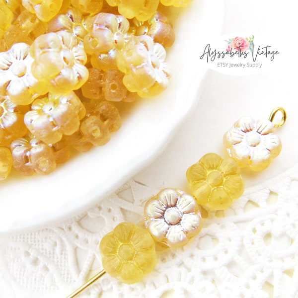 Small Matte AB Light Topaz Blossom Beads, 8mm Czech Pressed Yellow Frosted Glass Flower Daisy Beads - 20