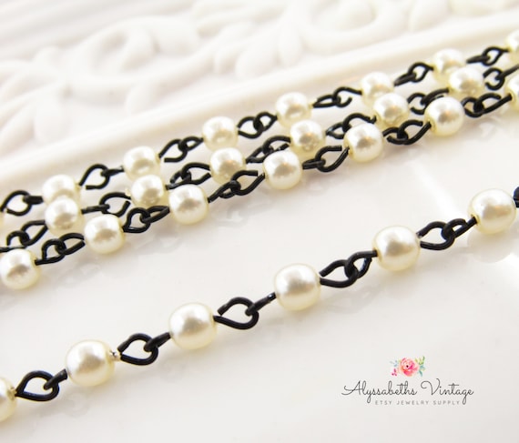 Vintage Chic White Pearl & Black Patina Link Rosary Chain