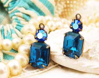 Vintage Blue Zircon Blue Octagon & AB Sapphire Rhinestone Set Stone Drops 18x8mm Earring Dangles Brass, Black, Brass or Silver Ox - 2