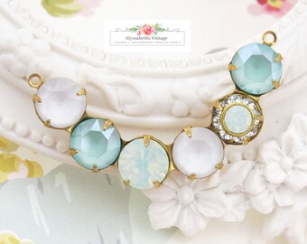 Austrian Crystal Mint, Chrysolite Opal, Matte Gray, Light Azure Rhinestone Crescent Connector 41x8mm Raw Brass, Antique Silver or Brass  - 1