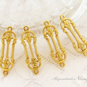 Arts & Craft Style Raw Brass Double Rosebud Connectors 23mm Long Brass Stamping Victorian Floral 2 Ring Links - 6