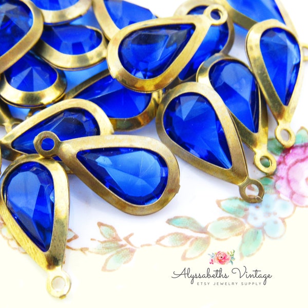 Retro Vintage Sapphire Blue & Brass Teardrop Charms, 20x10mm Channel Set Acrylic Plastic Stone Earring Drops – 6