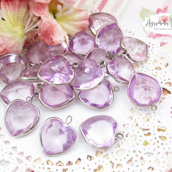 Vintage Transparent Light Amethyst Lucite Heart Charms 18x14mm Silver Tone Channel Settings Plastic Faceted Purple Heart Drops - 6 pcs