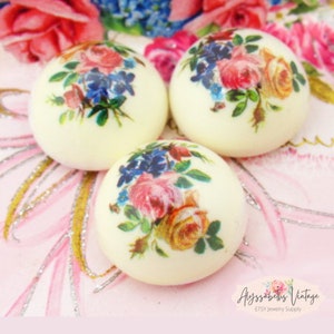 SALE Vintage Rose Bouquet Limoge Cabochon, 22mm High Dome Pink, Yellow and Blue Floral Decal Flat Back Plastic Cabochon - 2