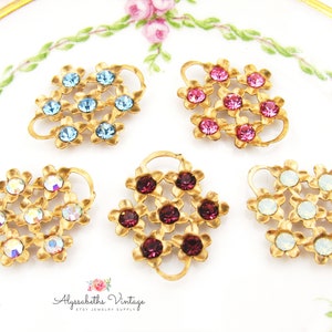 Vintage Raw Brass & Rhinestone Flower Cluster Connectors 19x17mm AB Crystal, Amethyst, Aquamarine, Chrysolite Opal or Rose Floral Links - 2