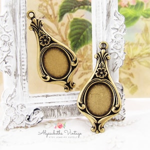 Antikmässing Ox Art Nouveau Blomörhängen 28 x 13 mm med 10 x 8 mm oval cabochon cameo platt baksida bezelfattningar - 4