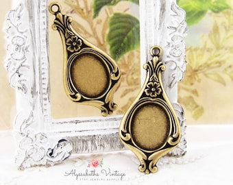 Antique Brass Ox Art Nouveau Floral Earring Dangles 28x13mm with 10x8mm Oval Cabochon Cameo Flat Back Bezel Settings - 4