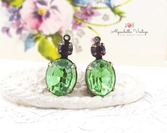 Vintage Olivine Oval Jewel & Purple Amethyst Rhinestone Charms, 19x10mm Dangles Raw Brass, Brass Ox, Black or Silver Ox Drops - 2