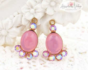 Pink Opal and AB Rose Austrian Rhinestone Earring Dangles 19x12mm Raw Brass or Antique Silver Fan Drops - 2