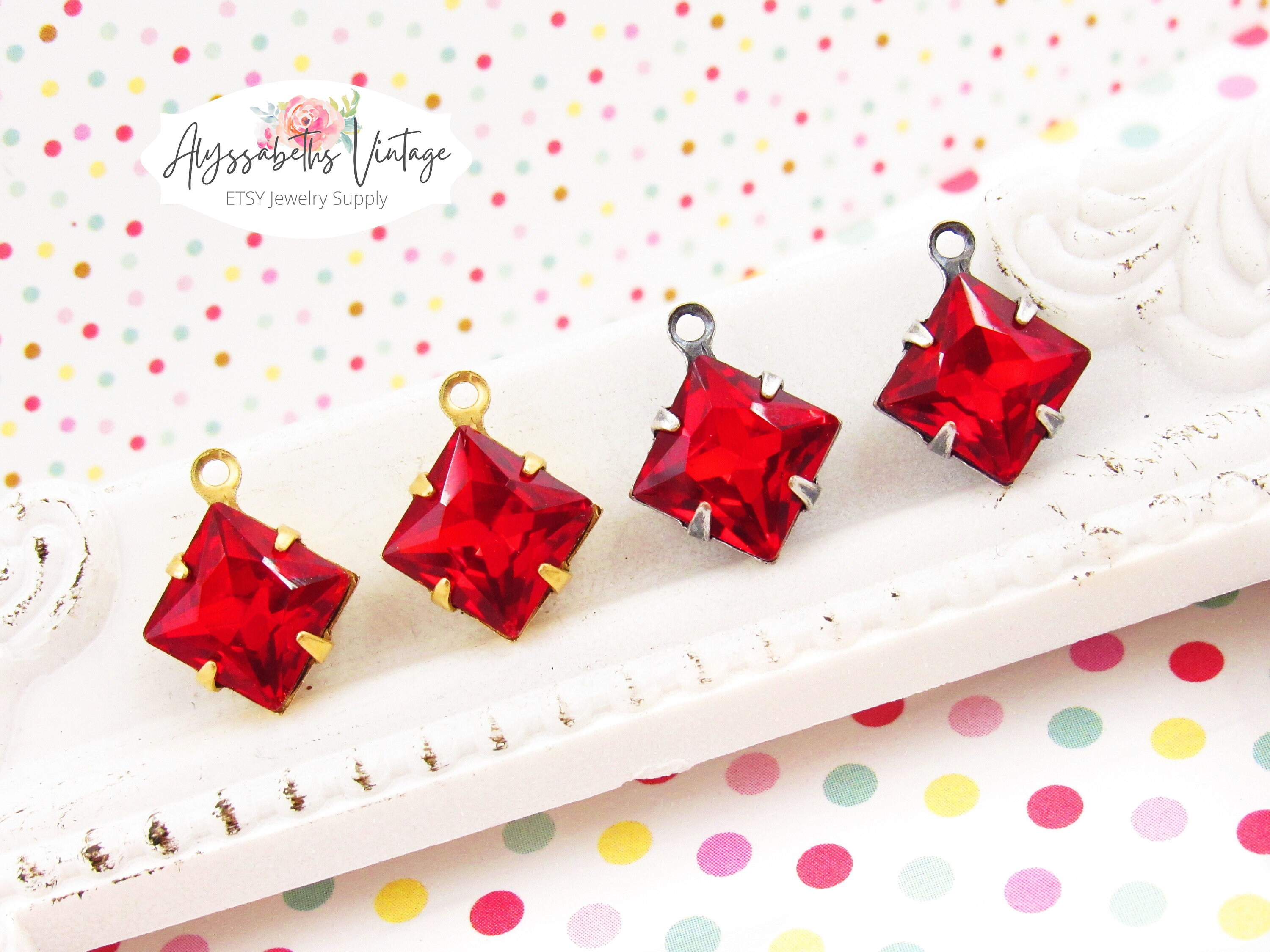Ruby Red 8mm Square Rhinestone Drops or Connector in Brass, Silver or ...