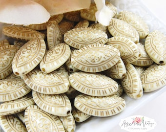 SALE Ornate Opaque Ivory and Antique Gold Wash Filigree Embossed Marquis Acrylic Beads 19x11mm Etched Pointed Oval Beads - 12