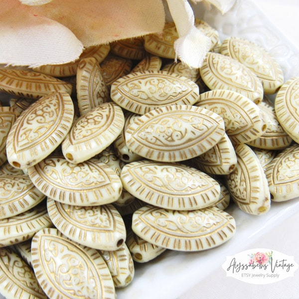 Ornate Opaque Ivory and Antique Gold Wash Filigree Embossed Marquis Acrylic Beads 19x11mm Etched Pointed Oval Beads - 12