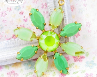 Spring Green Rhinestone Daisy Pendants 30mm Vintage Opaque Green, Givre Green and Austrian Lime Green Flower Pendant - 1