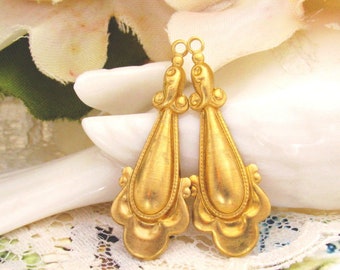 Elegant Edwardian Long Scalloped Edge Teardrop Raw Brass Earring Dangles 33x12mm Flourish Charms - 4