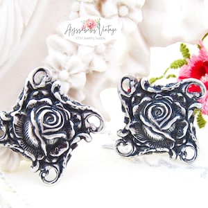 Ornate Art Nouveau Rose Antique Silver Connectors 4 Ring Chandelier Earring Findings Silver Ox Floral Bracelet Links 20mm Square - 4