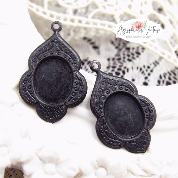 Victorian Black Dangle Settings for 10x8mm Oval Flat Back Stones Oriental Floral Embossed Aged Black Cabochon Bezel Charm Settings – 4