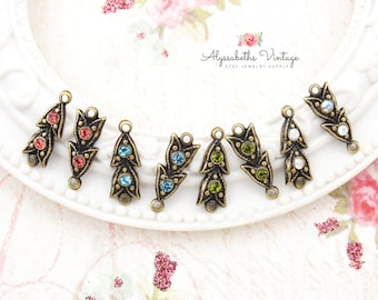 Art Deco Petite Antique Brass Victorian Leaf & Rhinestone Connectors 16x6mm Aged Brass Ox Links – Choice of 22 Rhinestone Colors