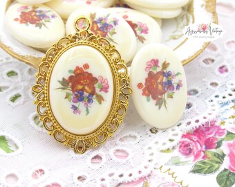 Vintage 25x18mm Floral Bouquet Oval Cameo, West German Multi Color Pink, Purple & Dark Red Flower Flat Back Cabochon - 1