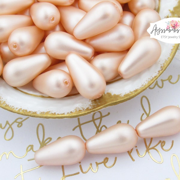 Preciosa Matte Light Pink Pearl Teardrop Beads 15x8mm Satin Finish Pale Rose Satin Czech Glass Pear Beads - 6