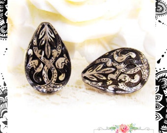 Baroque Jet Black & Clear Crystal Carved Floral Filigree Embossed Teardrop Beads Transparent Plastic Pear Shaped 19x13mm - 6