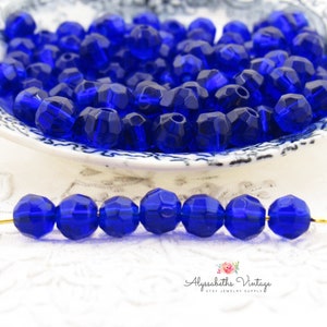 Vintage Transparent Cobalt Blue Faceted 6mm Round Glass Beads, Sapphire West German Glass Beads - 30