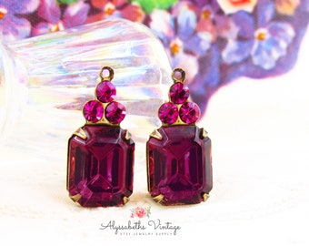 Vintage Austrian Amethyst Octagon & Fuchsia Rhinestone Drops 21x10mm Earring Dangles, Brass, Antique Silver or Brass Ox Setting - 2