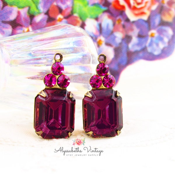 Vintage österrikisk ametist oktagon & fuchsia strass droppar 21 x 10 mm örhängen, mässing, antik silver eller mässing oxinfattning - 2