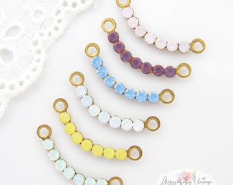 Dainty Austrian Opal Rhinestone Curved Crescent Connector Blue, Pink, Green, Purple, Yellow or White 23x3mm Antique Silver or Raw Brass – 2