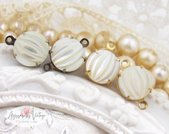 Vintage Ribbed Mother of Pearl Cabochon Charms or Links 10mm Round in Brass, Silver or Brass Ox Settings - 2