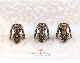 Ornate Antique Brass Victorian Leaf & Scroll Filigree Long Bead Caps, Bead Cones, Brass Ox Tassel Ends 12mm Tall - 4