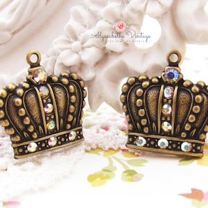 Elegant French Chic Crown Charms with AB Crystal Rhinestones 21x20mm Royal Queenly Pendants Antique Brass or Black - 2