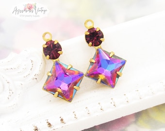 Rainbow Vitrail Square & Amethyst Rhinestone Set Stone Earring Dangles 18x11mm Raw Brass 1 Ring Drops - Pair