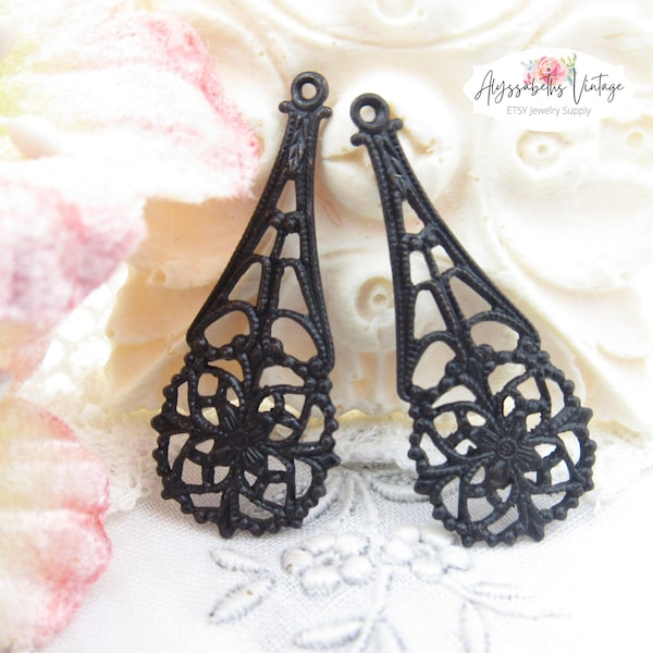 Antiqued Black Patina Victorian Floral Filigree Teardrop Earring Dangle Flower Drop Connector 31x13mm Aged Patina Finding - 4