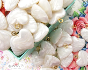 Vintage Pearlized Plastic Ivory Heart Charm 16x14mm Imitation Mother of Pearl Valentine Drop – 6