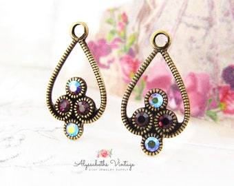 Orecchini pendenti in filigrana Art Déco con ametista e strass in ametista AB, 23 x 13 mm, ottone grezzo, ottone di bue o argento antico - Coppia