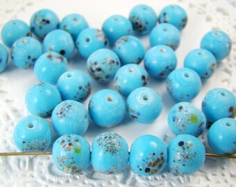 8mm Vintage Opaque Aqua Blue Glass Speckled Millefiori Beads - 12