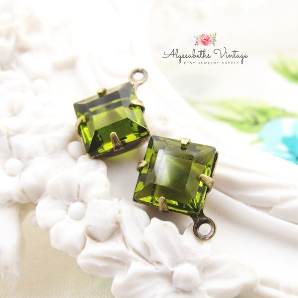 Vintage Austrian Transparent Olivine Green 8mm Square Rhinestone Drops or Connector in Brass, Silver or Brass Ox Settings - 4