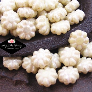 SALE Opaque Ivory & Silver Mercury Shimmer Puffy Cactus Flower Bead 9mm Czech Glass Daisy Floral Beads - 10