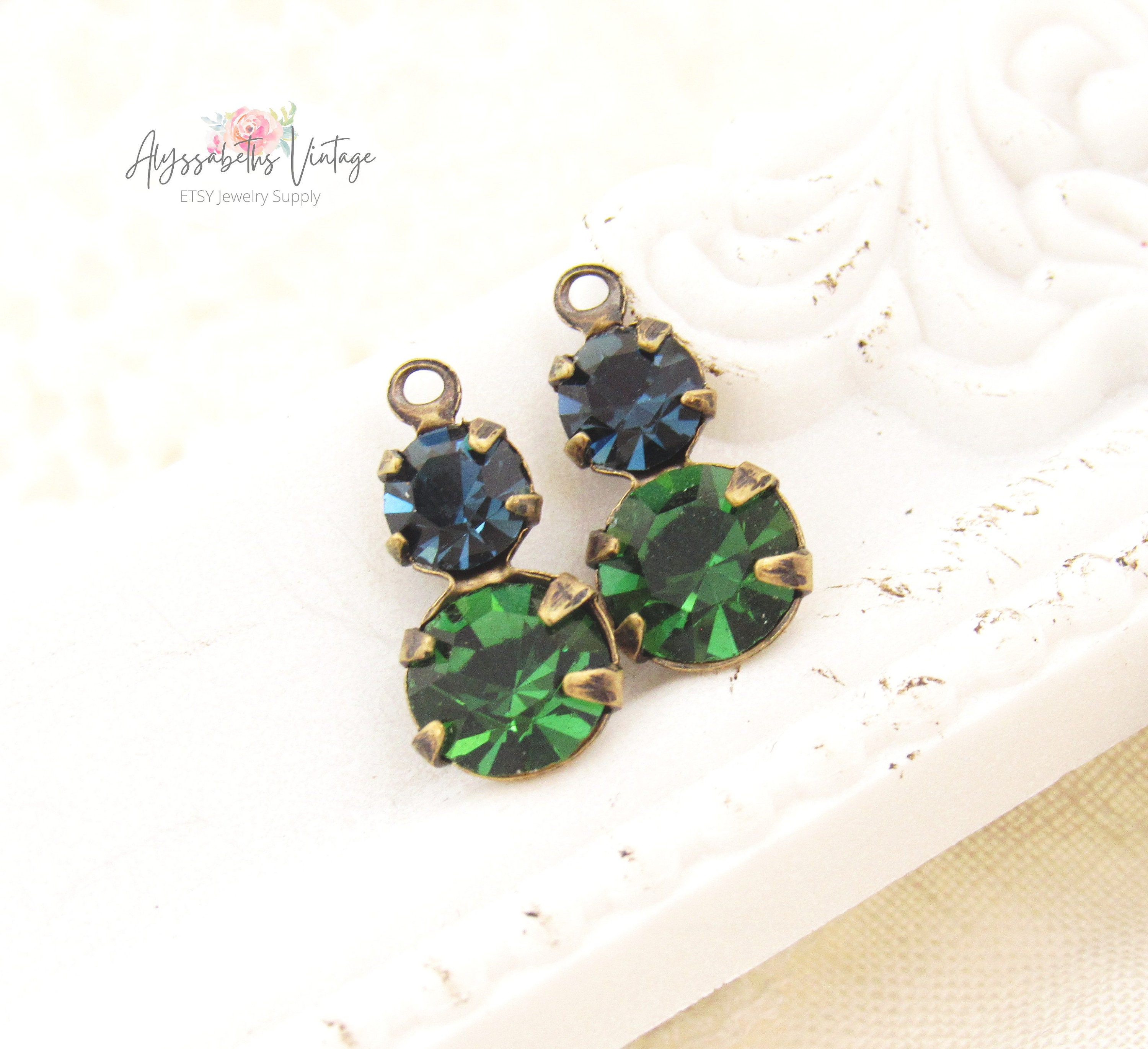 Small Double Tourmaline Green & Montana Blue Rhinestone Drops 14x7mm Charms Brass, Brass Ox or Antique Silver Setting - Pair