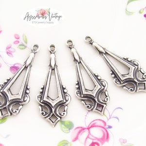 Edwardian Antique Silver Earring Dangle, Silver Ox Victorian Charms Pendants Drops 33x17mm 4 image 4