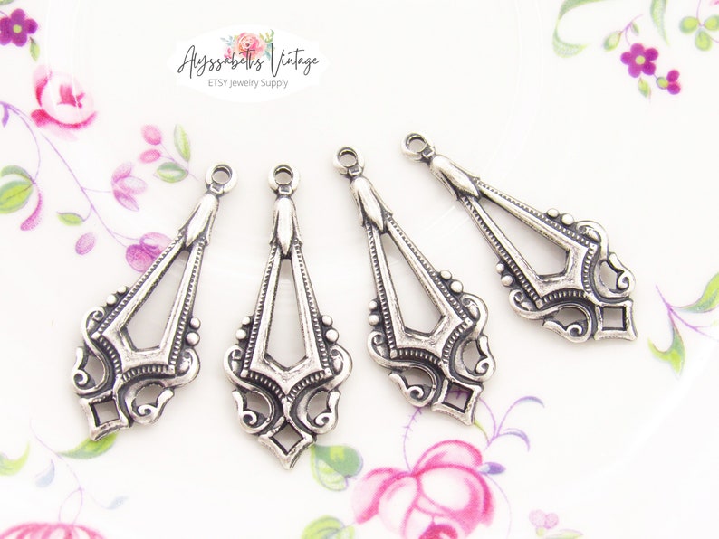 Edwardian Antique Silver Earring Dangle, Silver Ox Victorian Charms Pendants Drops 33x17mm 4 image 4