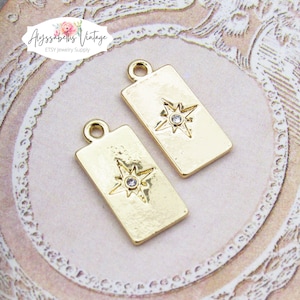 SALE CZ Micro PAVE Tag Star Charm Round 18k Gold Plate & Rhinestone Celestial Star Charms 18x9mm Rectangle Pendant - Pair