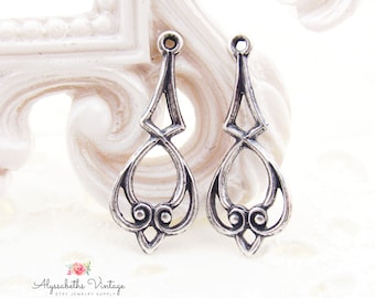 Delicate Antique Silver Scroll Filigree Earring Dangles 22x9mm Little Silver Ox Flourish Heart Connector Drops - 4