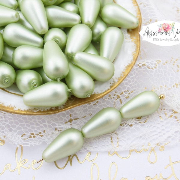 Preciosa Matte Light Mint Pearl Teardrop Beads 15x8mm Satin Finish Pale Green Satin Czech Glass Pear Beads - 6