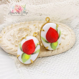 Vintage Red Rosebud Floral Glass Cabochon Oval 18x13mm Single Set Stone Drops, Floral Glass Set Came or Loose Cabochons