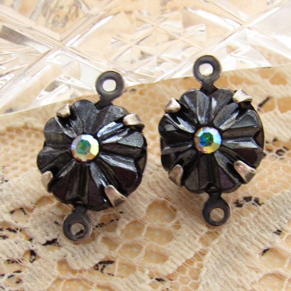 Vintage Black Hematite Flower Stone with AB Crystal Rhinestone Center Antiqued Silver, Brass or Black Connectors or Drops - 2