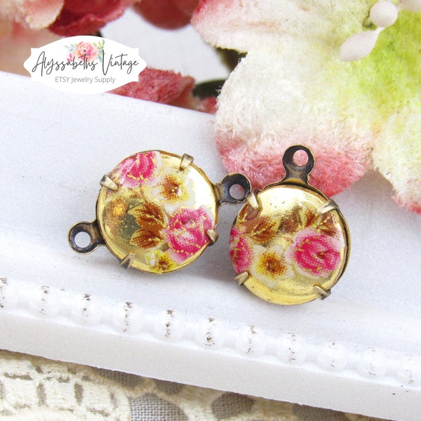 Vintage Chic Pink Rose & Yellow Flower on Gold Limoge Cabochon Charms or Links 10mm Round in Brass, Silver or Brass Ox Settings - 2