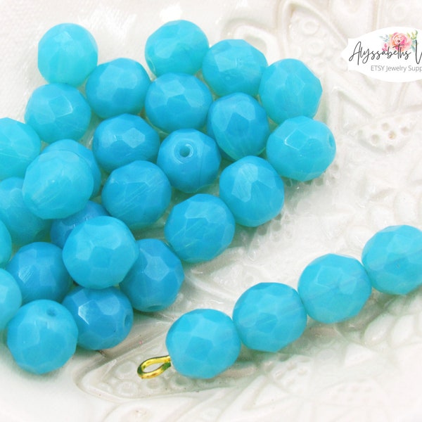 Czech Glass Faceted Milky Caribbean Aqua Blue Opal 8mm Beads - 20