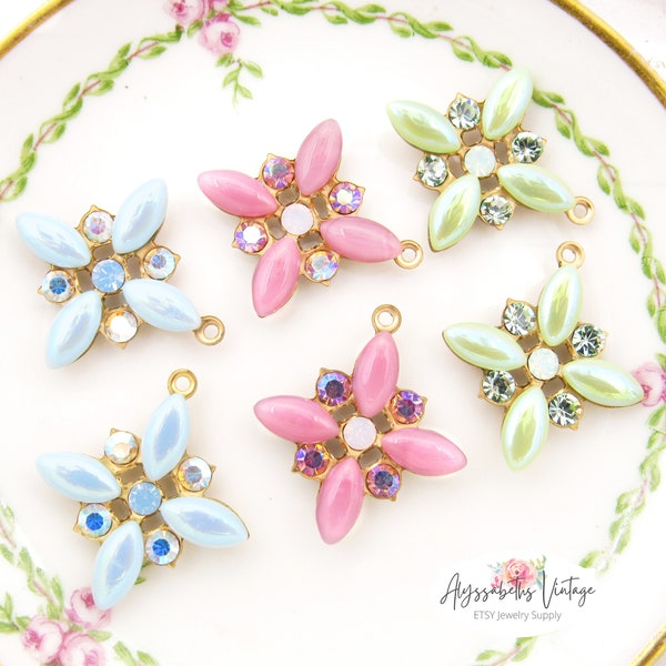 Vintage Spring Pink, Green or Blue Rhinestone Star Flower Charms Drops 23x20mm Brass, Black, Antique Silver, Brass Ox Floral – 2